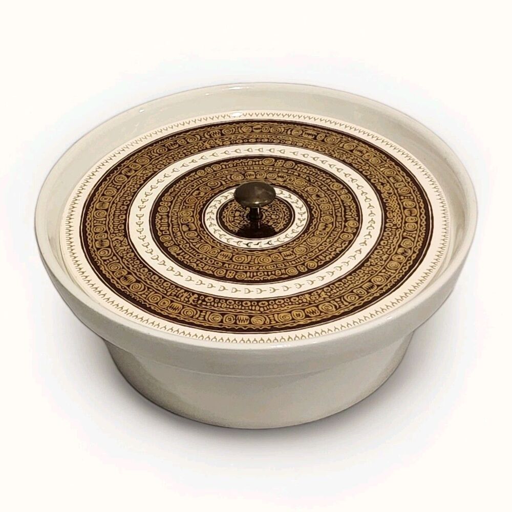 Vintage MCM Ernest Sohn Ceramic Covered Serving Dish Egyptian-Style Gold Design